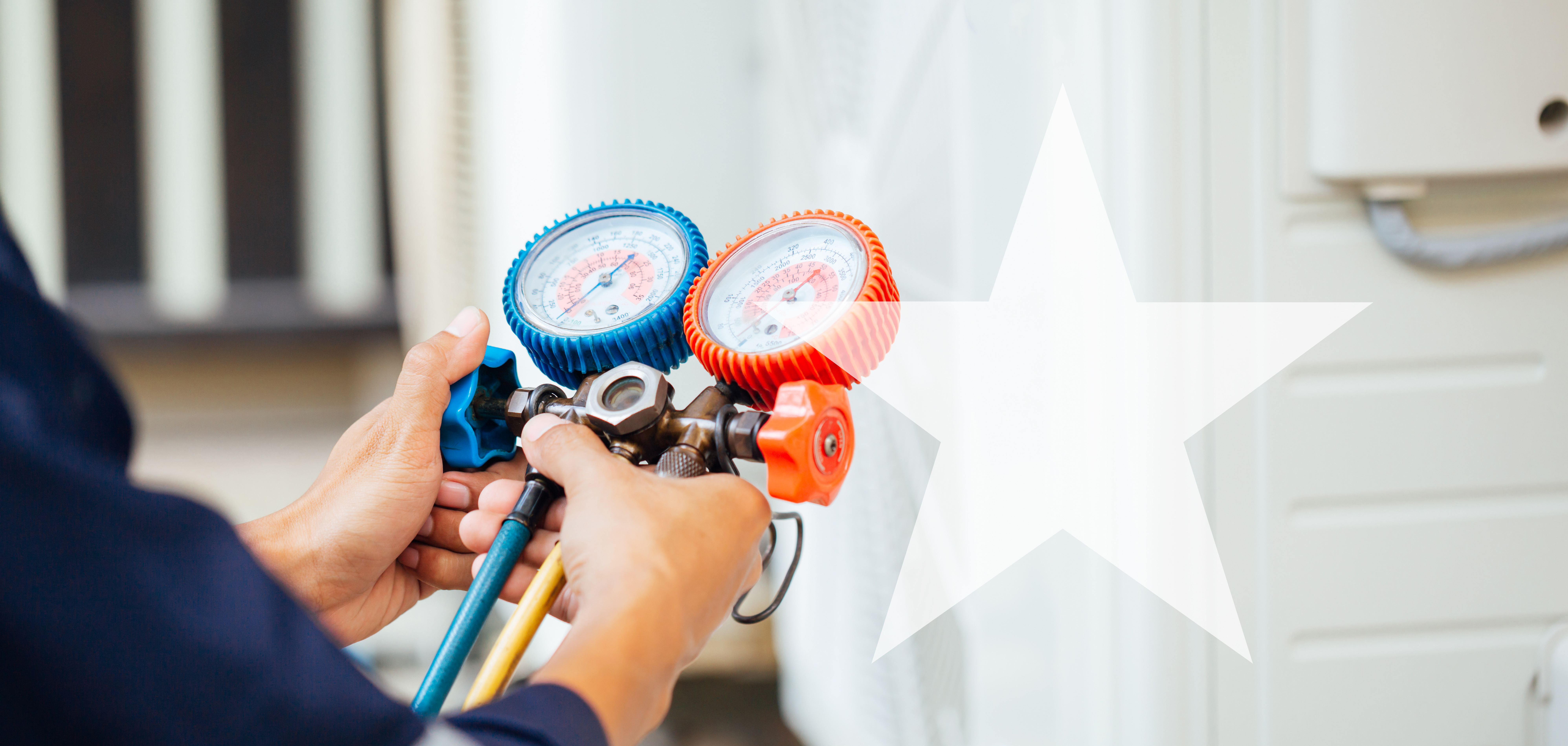 A technician holding HVAC gauges in front of an air conditioning unit with a star graphic overlay