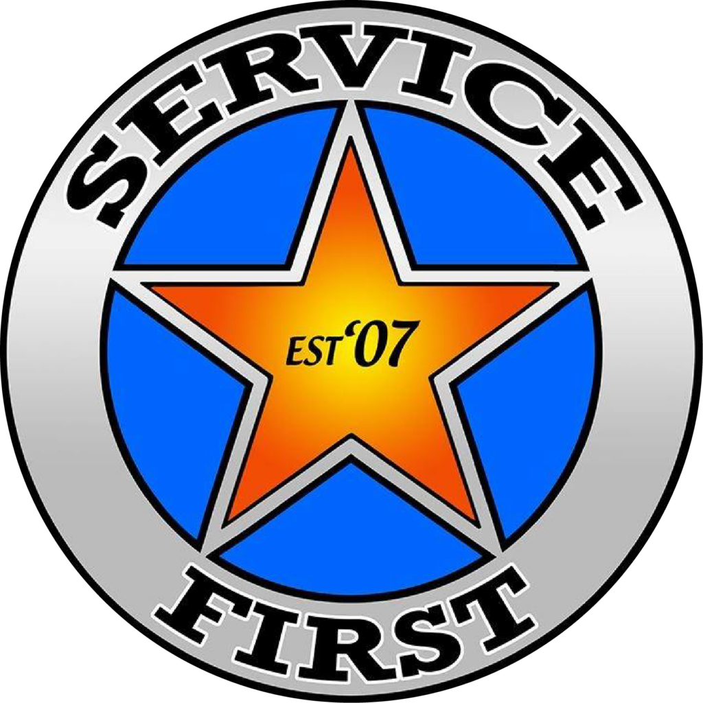Service First logo featuring a bold orange star, blue background, and 