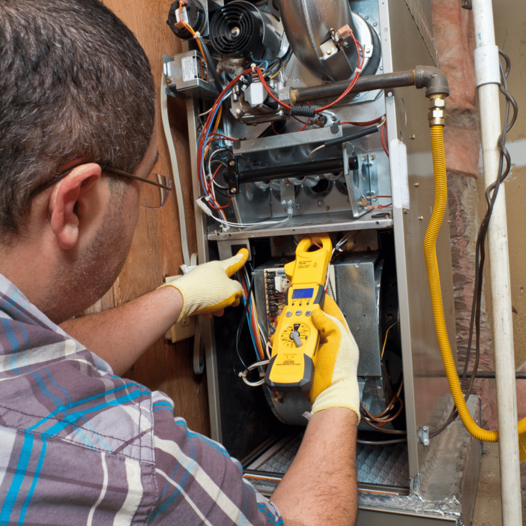 A technician using a diagnostic tool to inspect and service a furnace, ensuring proper functionality