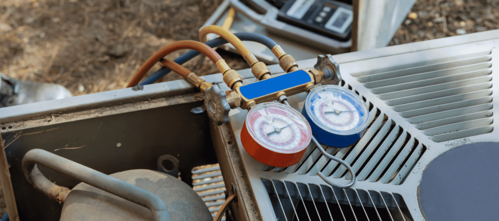 A close-up of HVAC pressure gauges connected to a system during routine maintenance