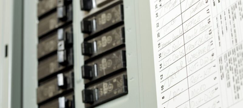 Close-up of a labeled residential electrical breaker panel showing multiple circuit switches and handwritten descriptions