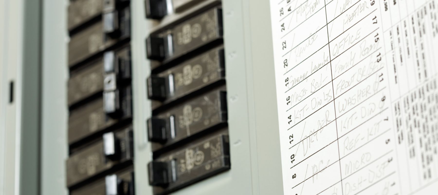Close-up of a labeled residential electrical breaker panel showing multiple circuit switches and handwritten descriptions
